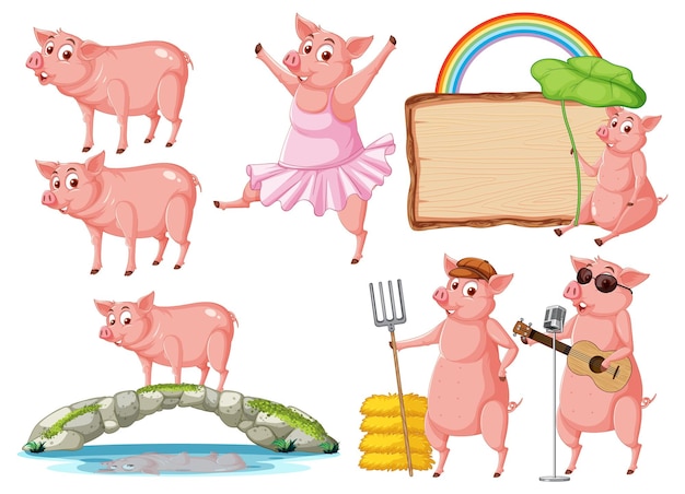 Free vector set of different farm pigs in cartoon style