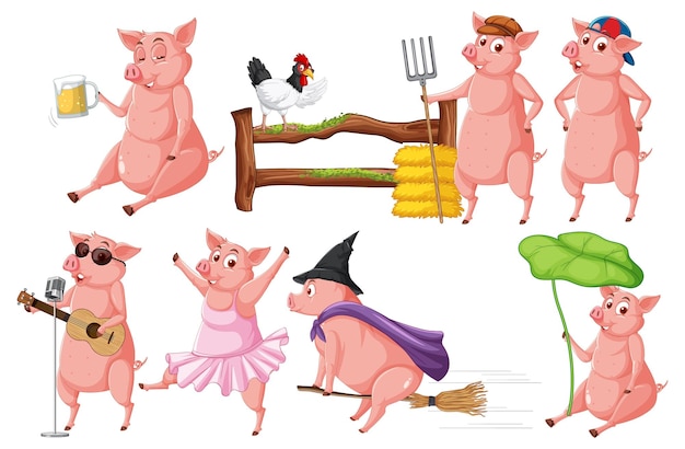 Set of different farm pigs in cartoon style