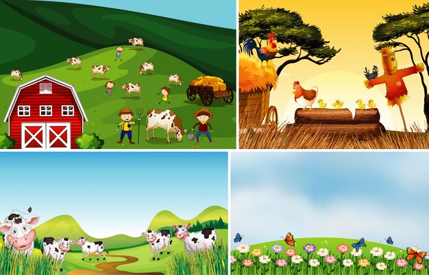 Set of different farm scenes with animal farm cartoon style