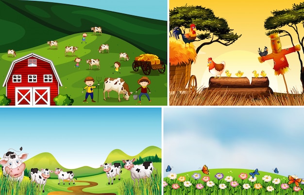 Set of different farm scenes with animal farm cartoon style