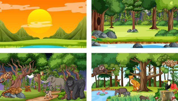 Set of different forest horizontal scene with various wild animals