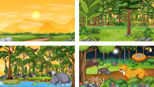 Set of different forest horizontal scene with various wild animals