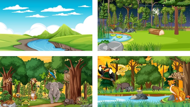 Set of different forest horizontal scene with various wild animals