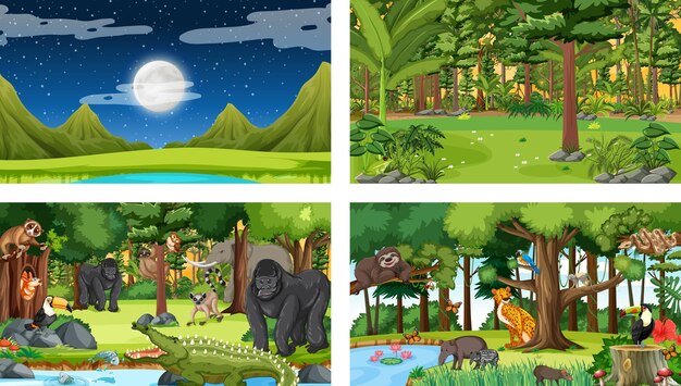 Set of different forest horizontal scene with various wild animals