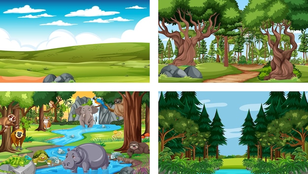 Set of different forest horizontal scene with various wild animals