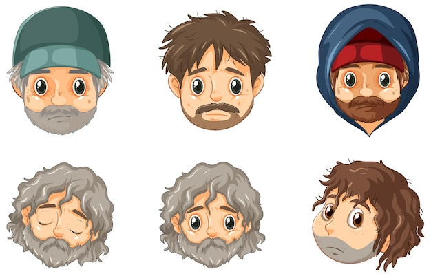 Free Vector set of different heads of homeless man cartoon