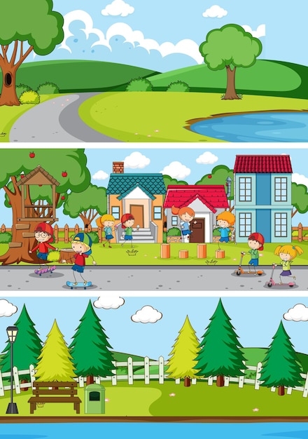 Free vector set of different horizon scenes background with doodle kids cartoon character