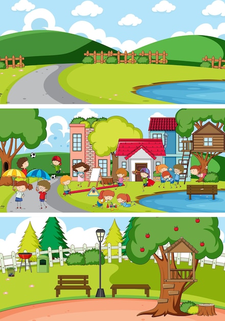 Free Vector set of different horizon scenes background with doodle kids cartoon character