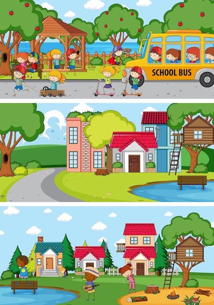 Set of different horizon scenes background with doodle kids cartoon character