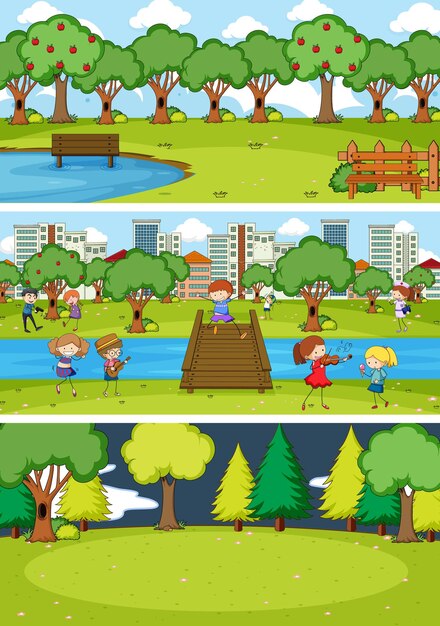 Set of different horizon scenes with doodle kids cartoon character