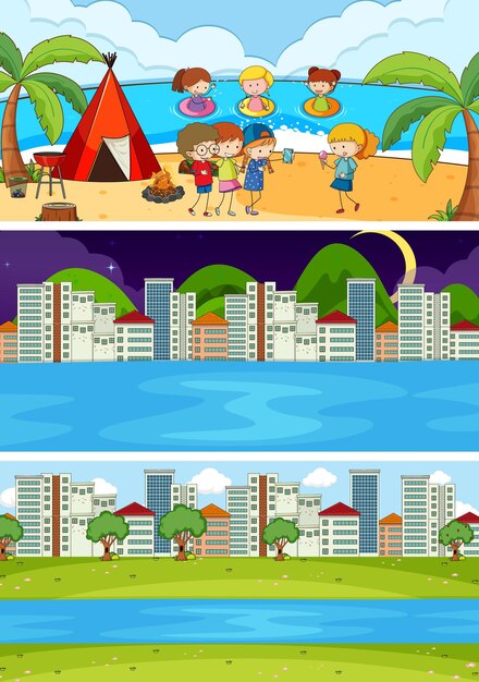 Set of different horizon scenes with doodle kids cartoon character