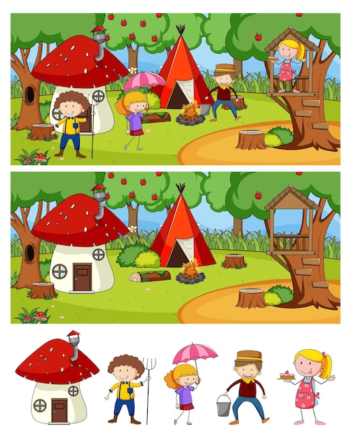 Free Vector set of different horizontal camping scenes with doodle kids cartoon character