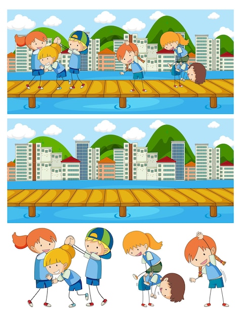 Set of different horizontal scenes background with doodle kids cartoon character