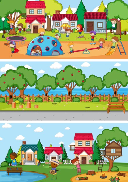 Set of different horizontal scenes background with doodle kids cartoon character