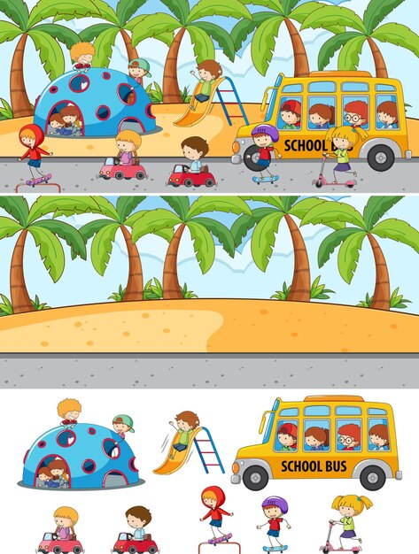 Set of different horizontal scenes background with doodle kids cartoon character