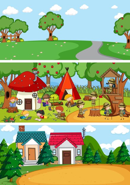 Set of different horizontal scenes background with doodle kids cartoon character