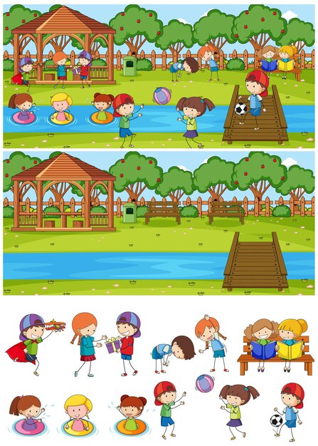 Set of different horizontal scenes with doodle kids cartoon character