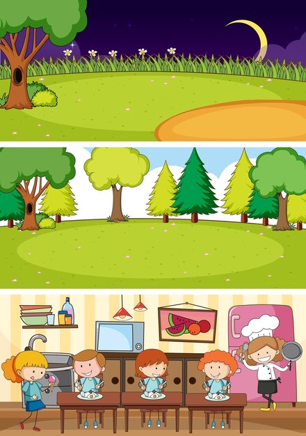 Set of different horizontal scenes with doodle kids cartoon character