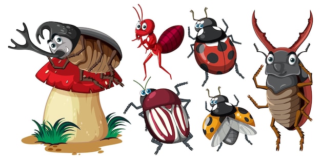 Set of different insects and beetles in cartoon style