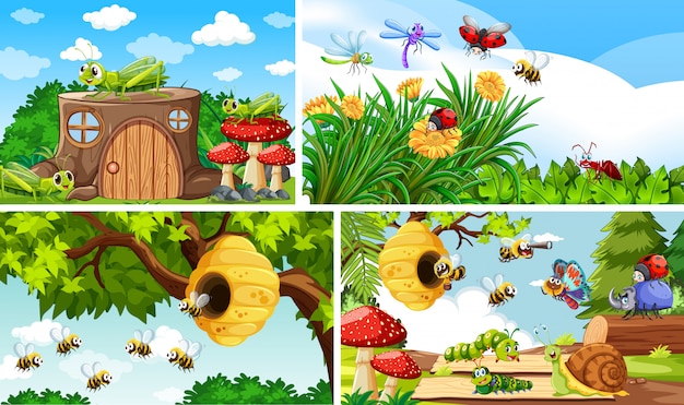 Free Vector set of different insects living in the garden background