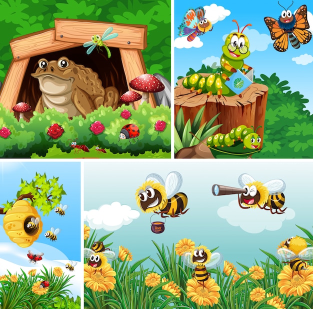 Free Vector set of different insects living in the garden background