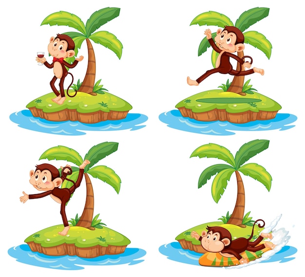 Set of different isolated islands with monkey cartoon characters