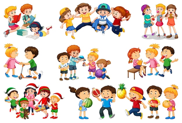 Free Vector set of different kid playing with their toys cartoon character isolated on white background