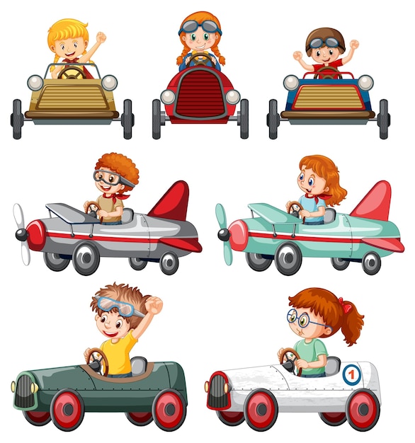 Set of different kids in car toy