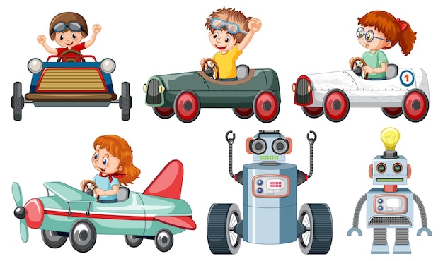 Free Vector set of different kids in car toy