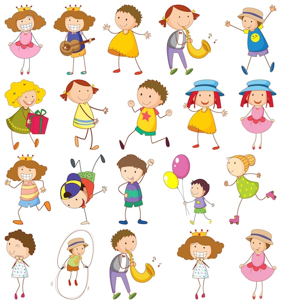 Free vector set of different kids in doodle style