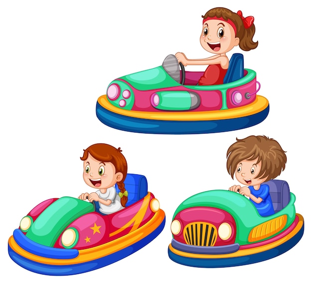 Set of different kids driving bumper cars in cartoon style