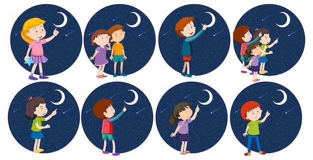 Set of different kids looking at the moon