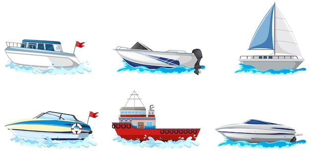 Free Vector set of different kind of boats and ship isolated on white background