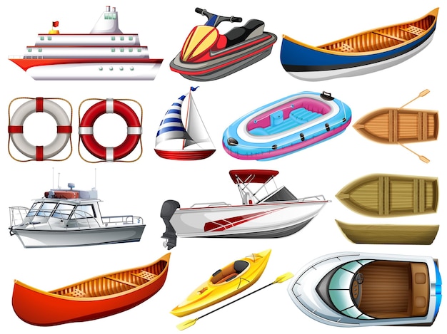 Set of different kind of boats and ship isolated on white background