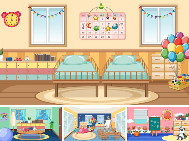 Free Vector set of different kindergarten classroom scenes