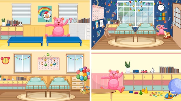 Free Vector set of different kindergarten classroom scenes