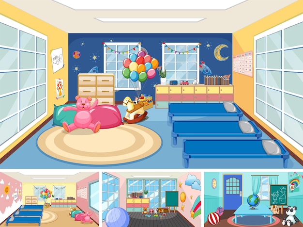 Free Vector set of different kindergarten classroom scenes