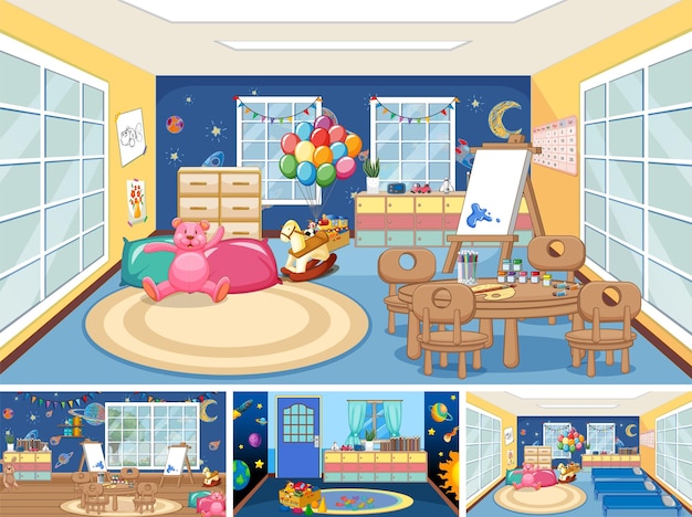 Free Vector set of different kindergarten classroom scenes