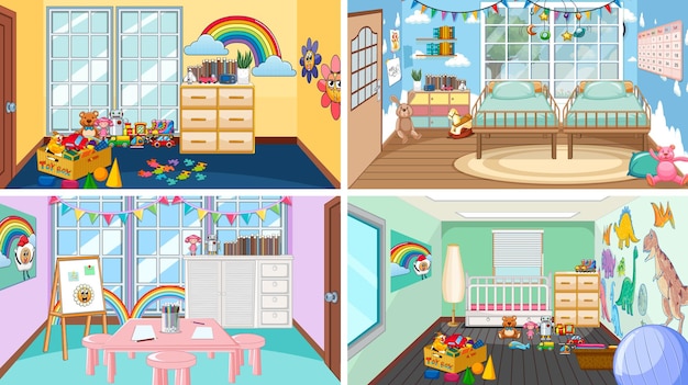 Free Vector set of different kindergarten classroom scenes