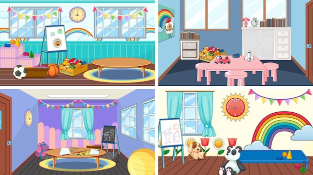 Free Vector set of different kindergarten classroom scenes