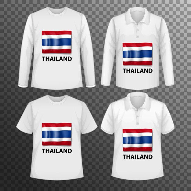 Set of different male shirts with Thailand flag screen on shirts isolated