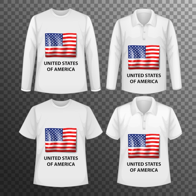 Free Vector set of different male shirts with united states of america flag screen on shirts isolated