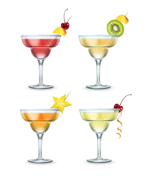 Free vector set of different margarita cocktails garnished with cherry, piece of mango, kiwi and carambola on toothpick isolated on white background