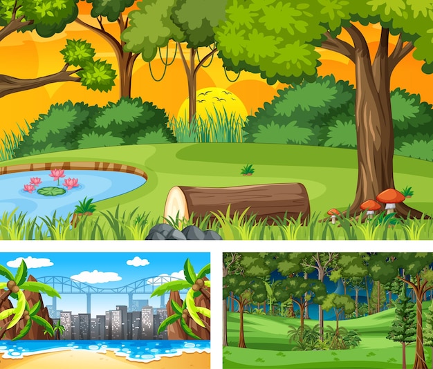 Free Vector set of different nature landscape scenes