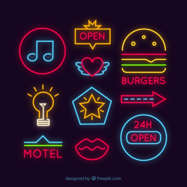 Free vector set of different neon signages