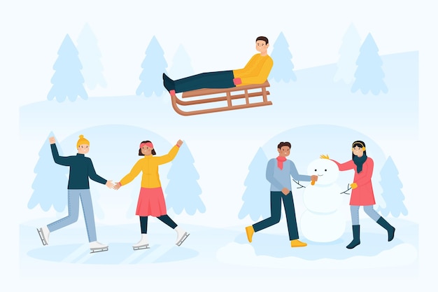 Set of different people doing outdoor winter activities