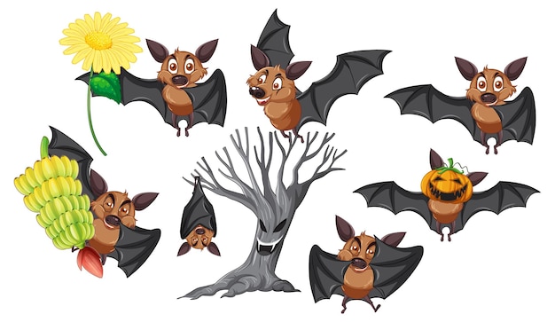 Free vector set of different poses of bats cartoon characters