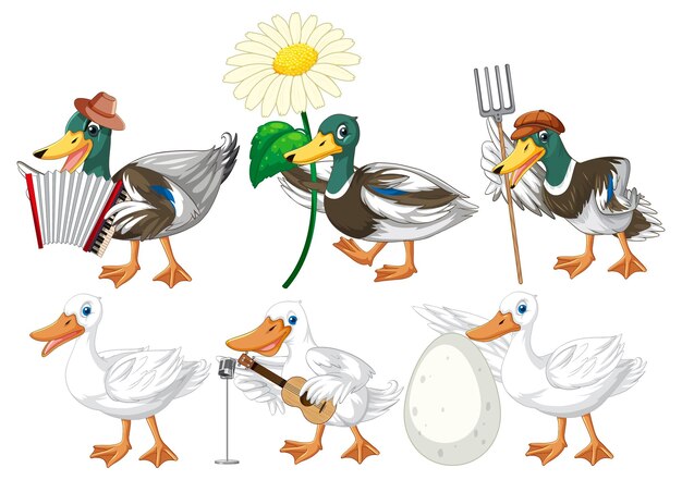 Free vector set of different poses of ducks cartoon characters