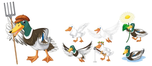 Free Vector set of different poses of ducks cartoon characters