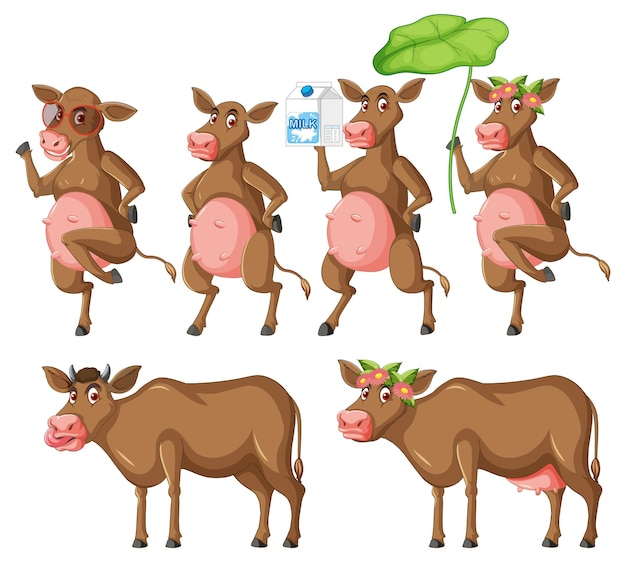 Free Vector set of different poses of milk cows cartoon characters